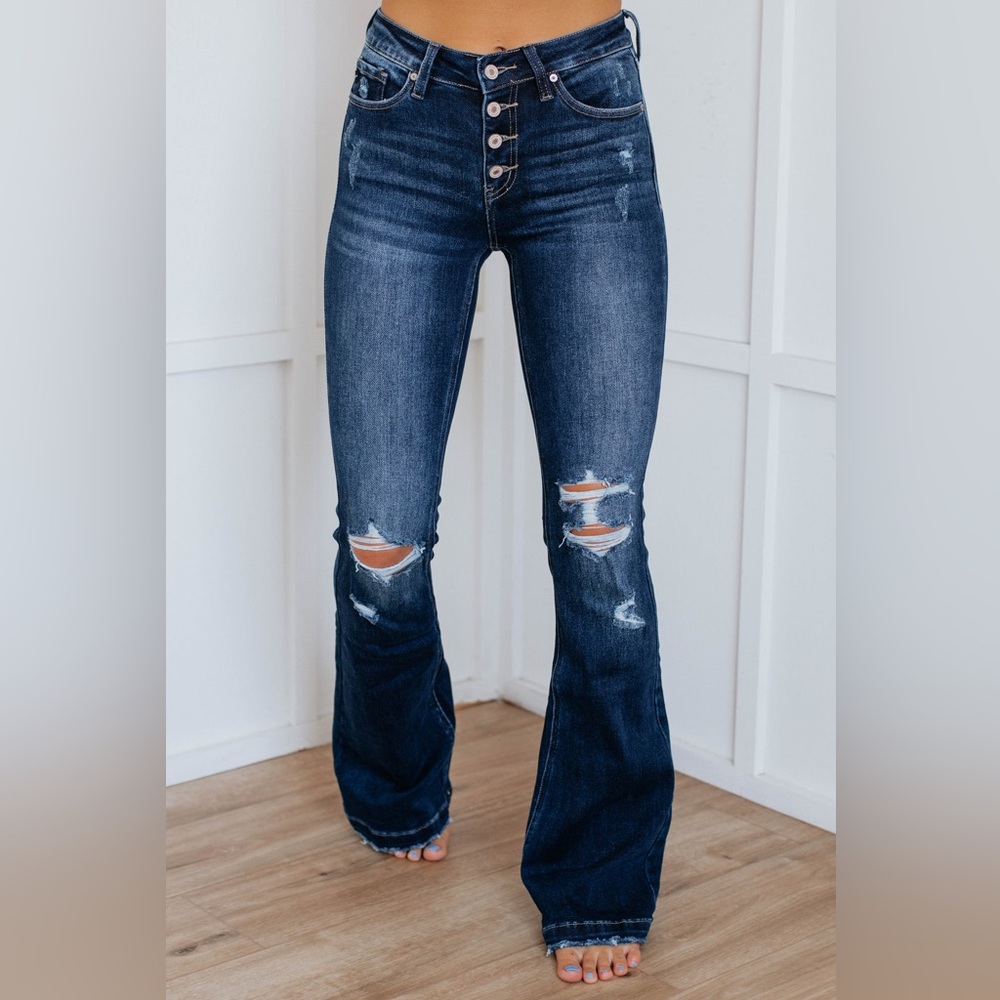 KanCan Dark Wash Distressed Flare Jeans - Picture 2 of 10